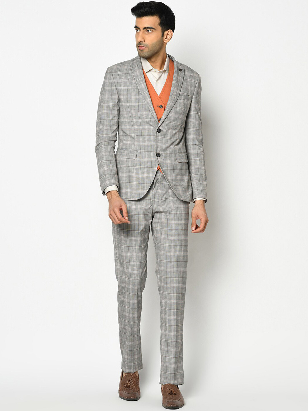 Blackberrys Men Grey & White Checked Super Slim-Fit Single-Breasted Formal Suit