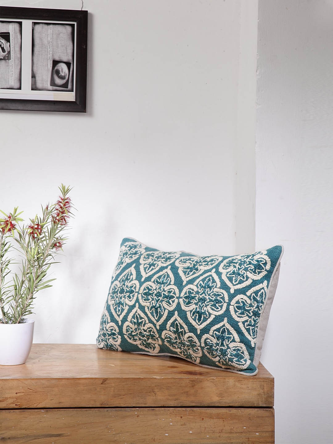 BLANC9 Turquoise Blue Embroidered Cotton Washable Rectangle Cushion Cover -12x18In