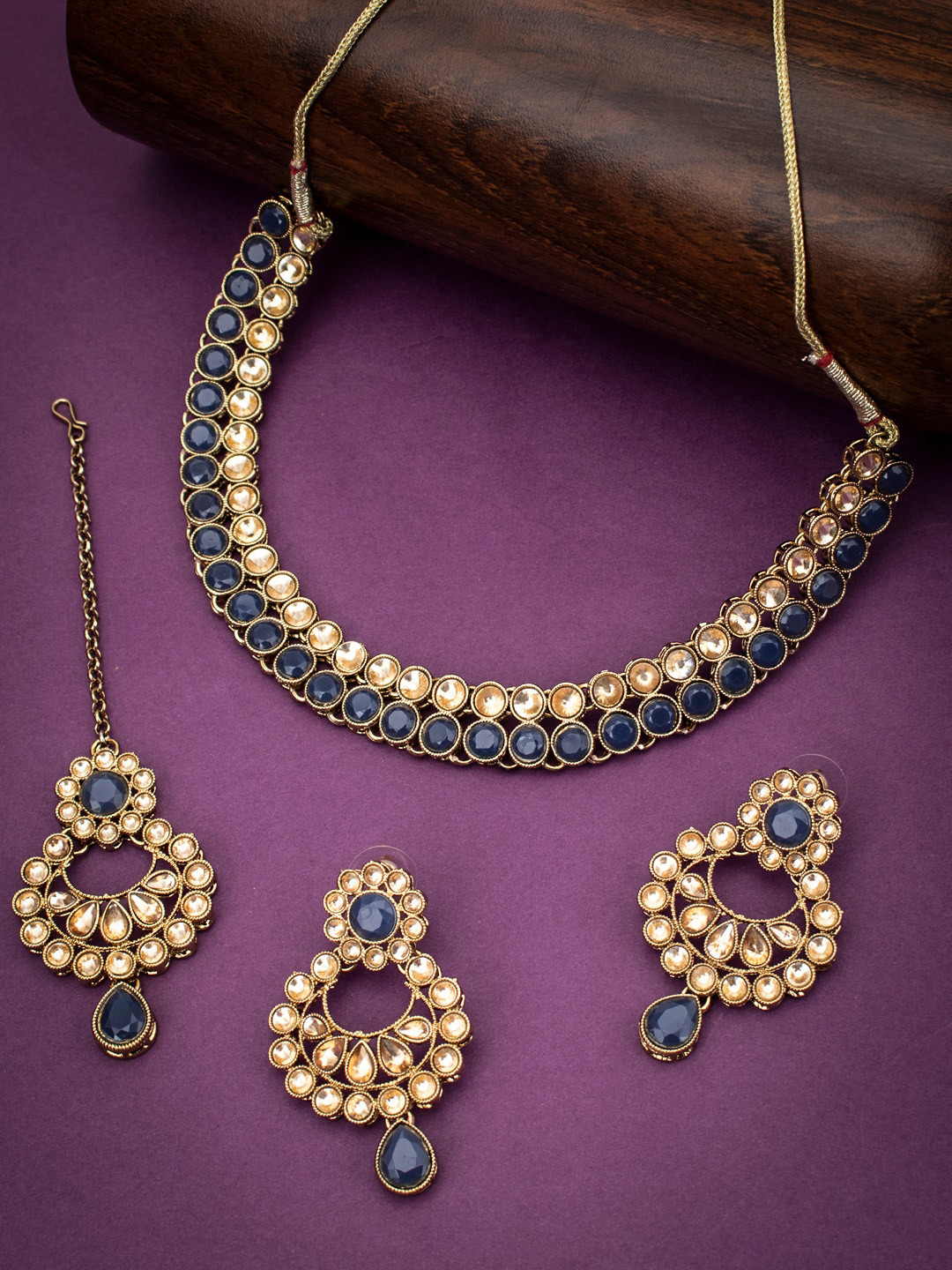 Sukkhi LCT Gold-Plated Blue & Beige Stone-Studded Jewellery Set