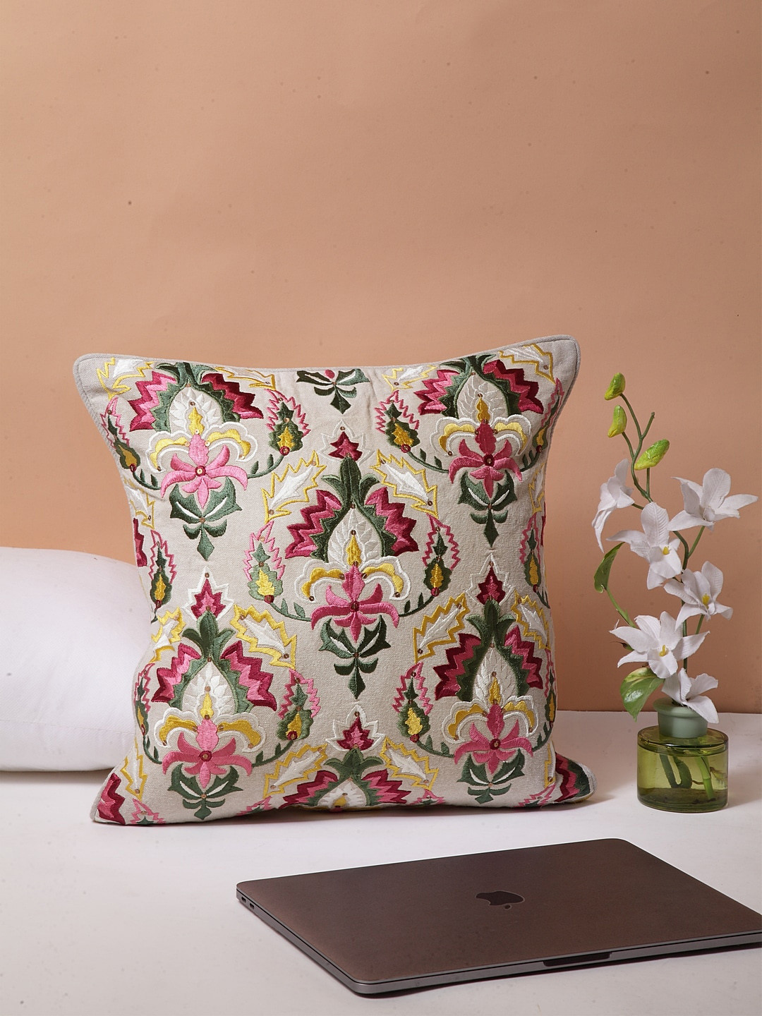 BLANC9 Beige & Pink Set of Single Embroidered Square Cushion Covers