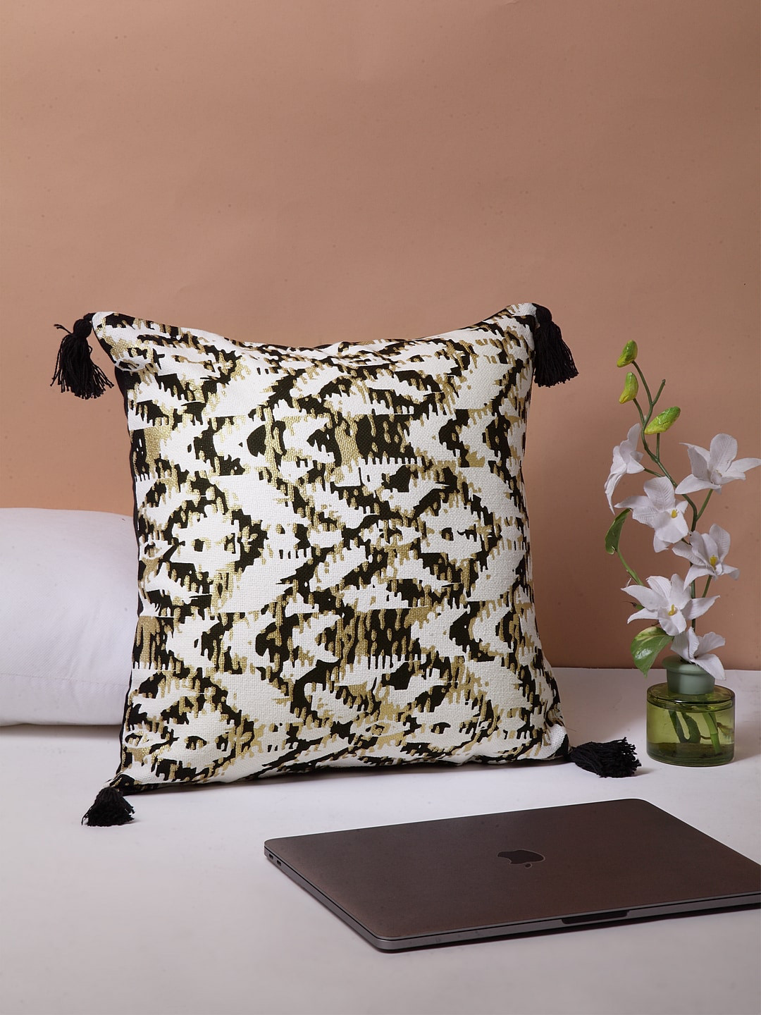 BLANC9 Black Cotton Breathable Embroidered Square Cushion Cover -16x16In