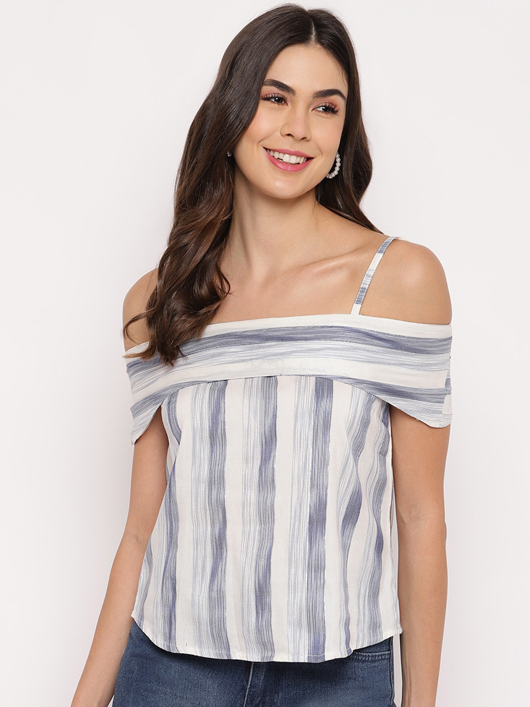 Mayra Grey & Cream-Coloured Striped Cold-Shoulder Bardot Top