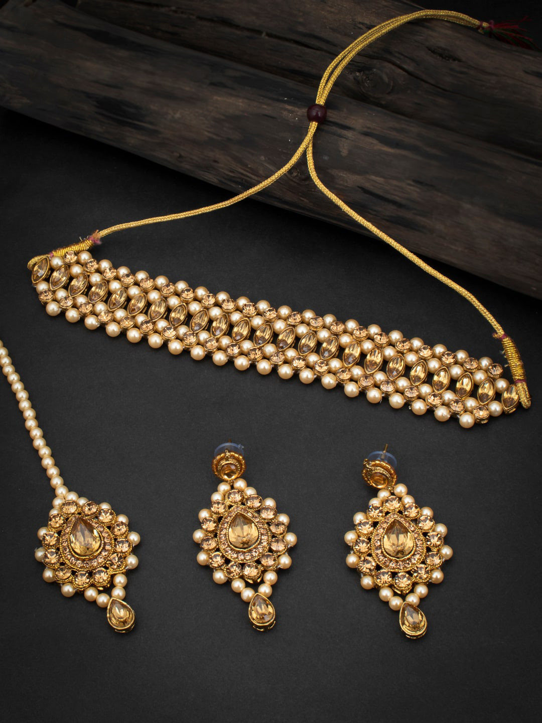 Sukkhi Gold-Plated Beige Stone-Studded & Beaded Jewellery Set