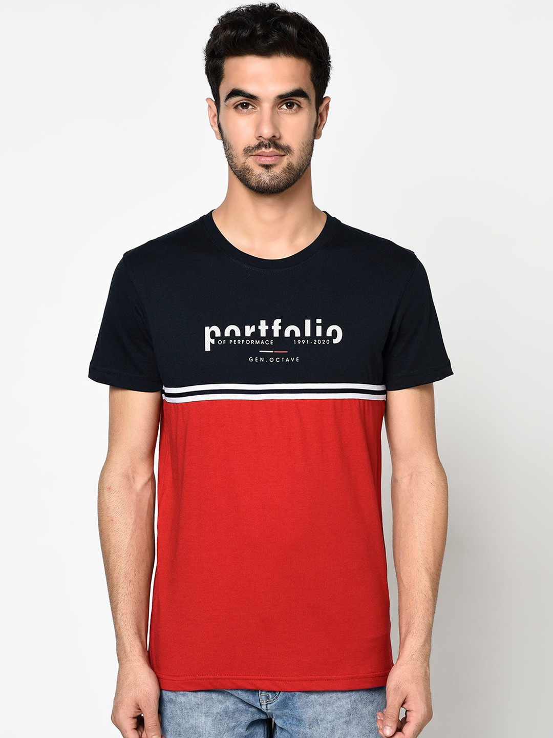Octave Men Red Colourblocked Round Neck T-shirt