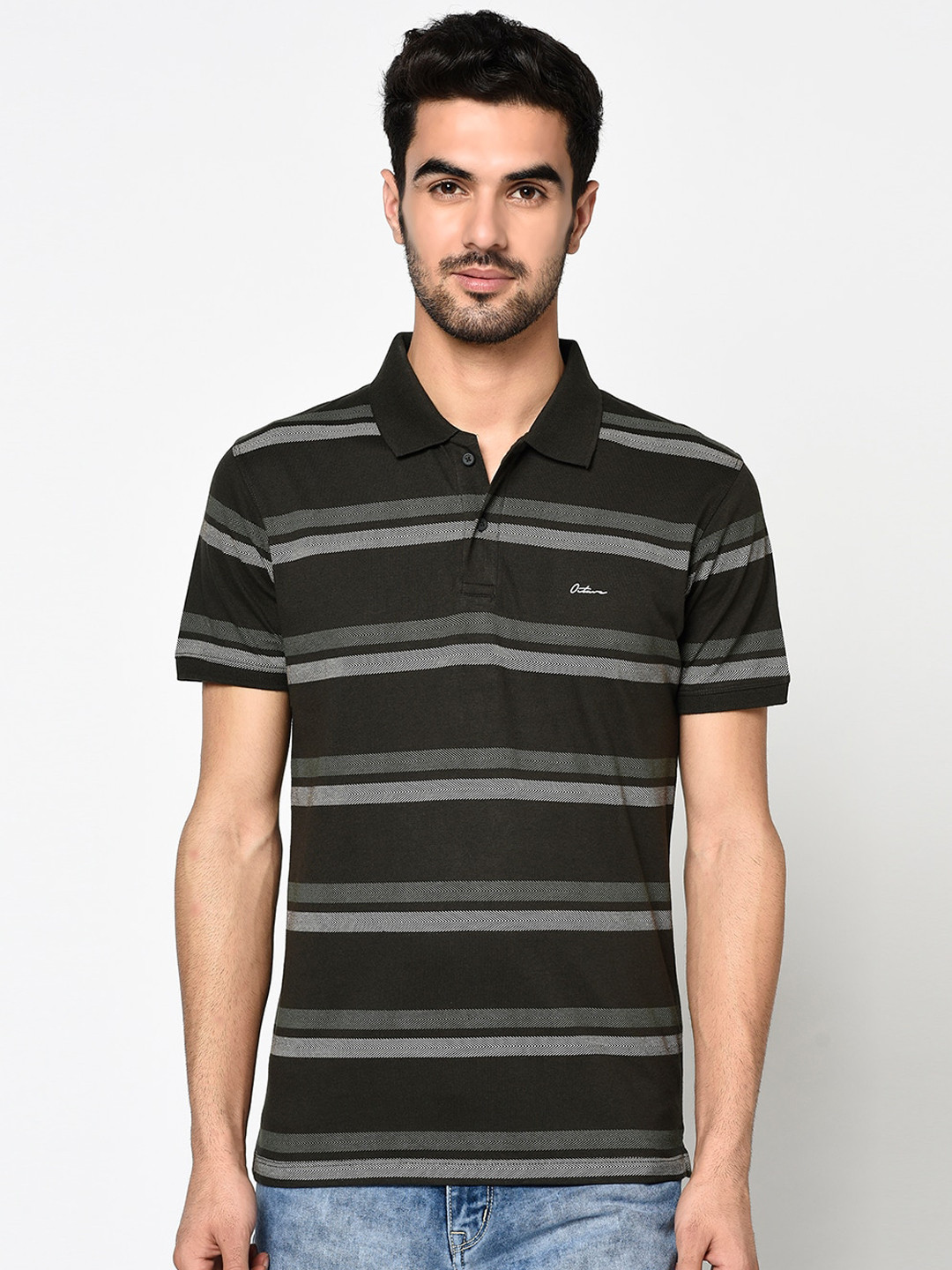 Octave Men Black Striped Polo Collar T-shirt