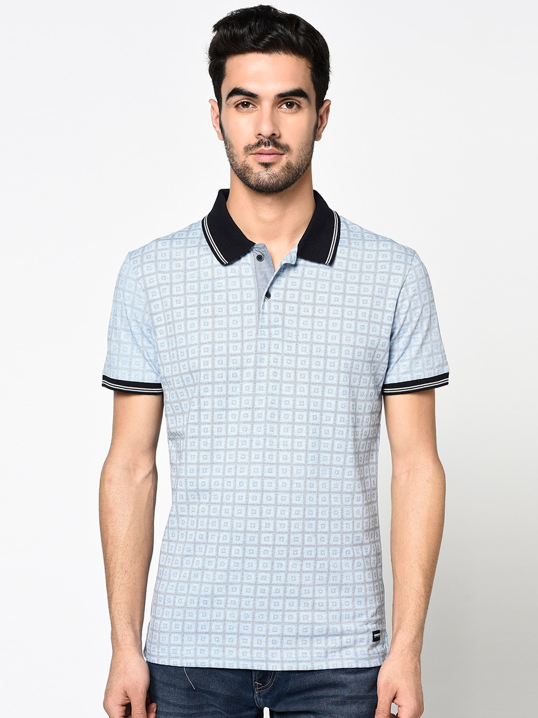 Octave Men Blue Checked Polo Collar T-shirt