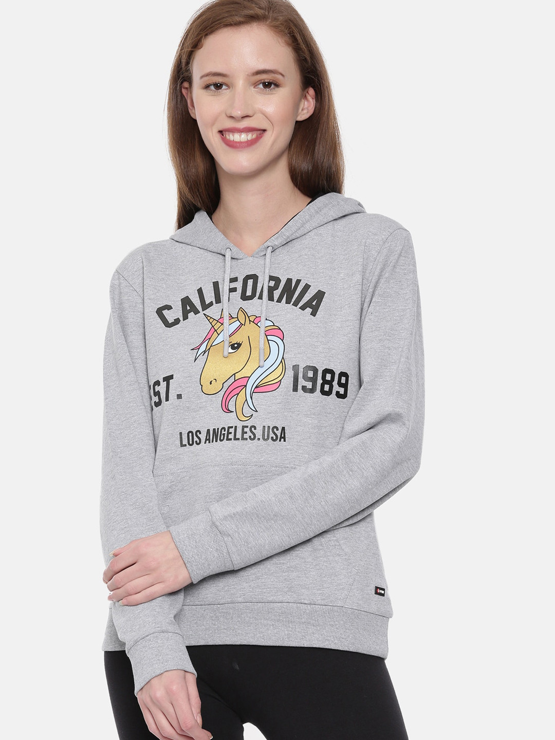 3PIN Women Grey Melange & Yellow Unicorn Printed Hooded Sweatshirt