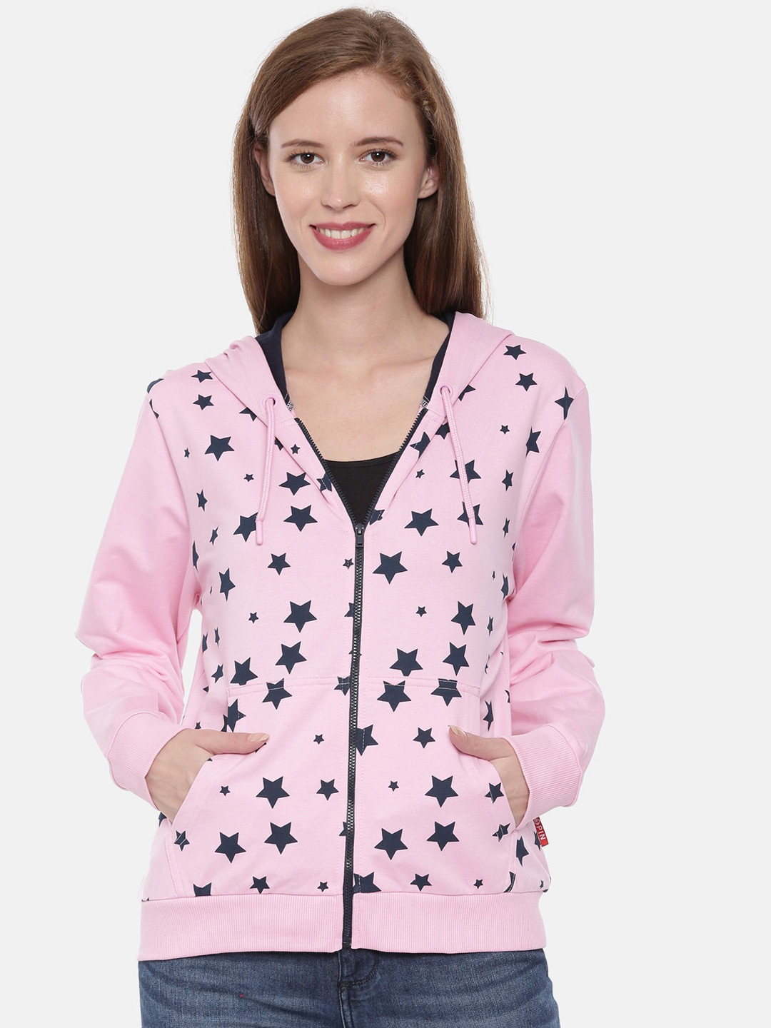 3PIN Women Pink & Black Printed Hooded Sweatshirt