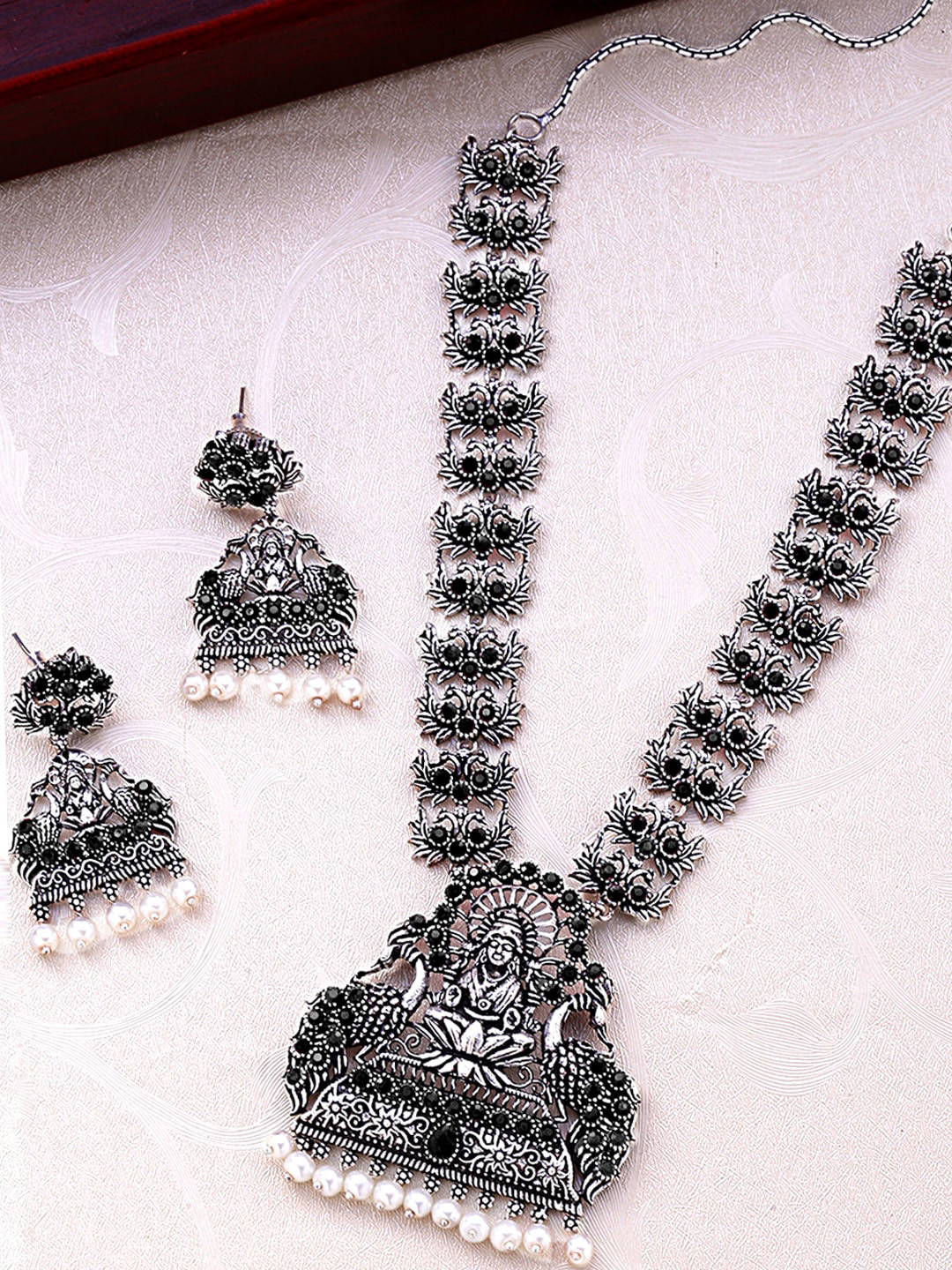 Yellow Chimes Oxidised Silver-Plated Black Stone-Studded Lakshmi Jewellery Set