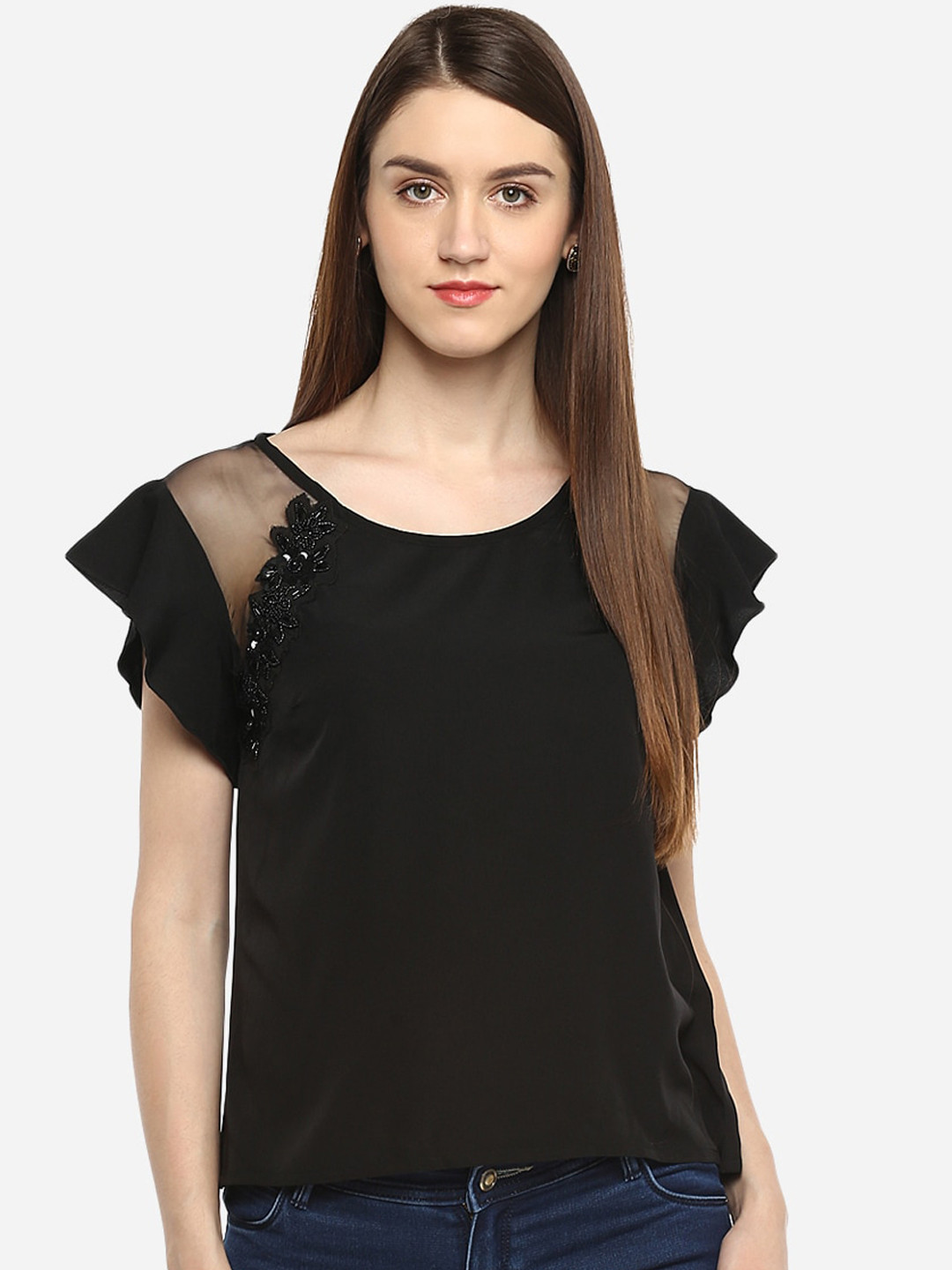 Porsorte Black Embellished Flutter Sleeves Studded Regular Top