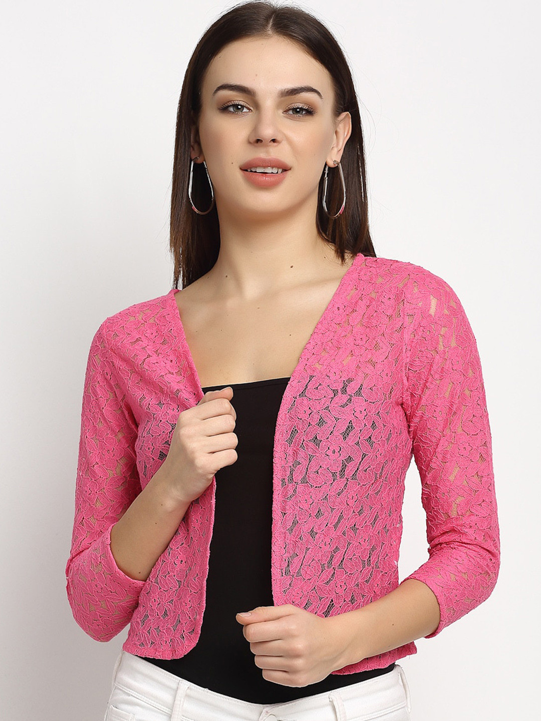 Rute Women Pink Self Design Lace Open Front Shrug