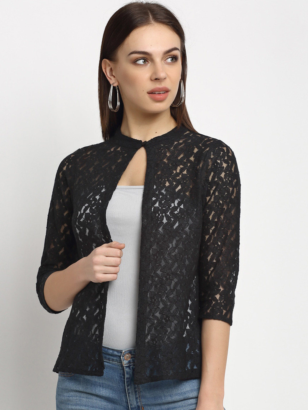 Rute Women Black Self Design Button Shrug