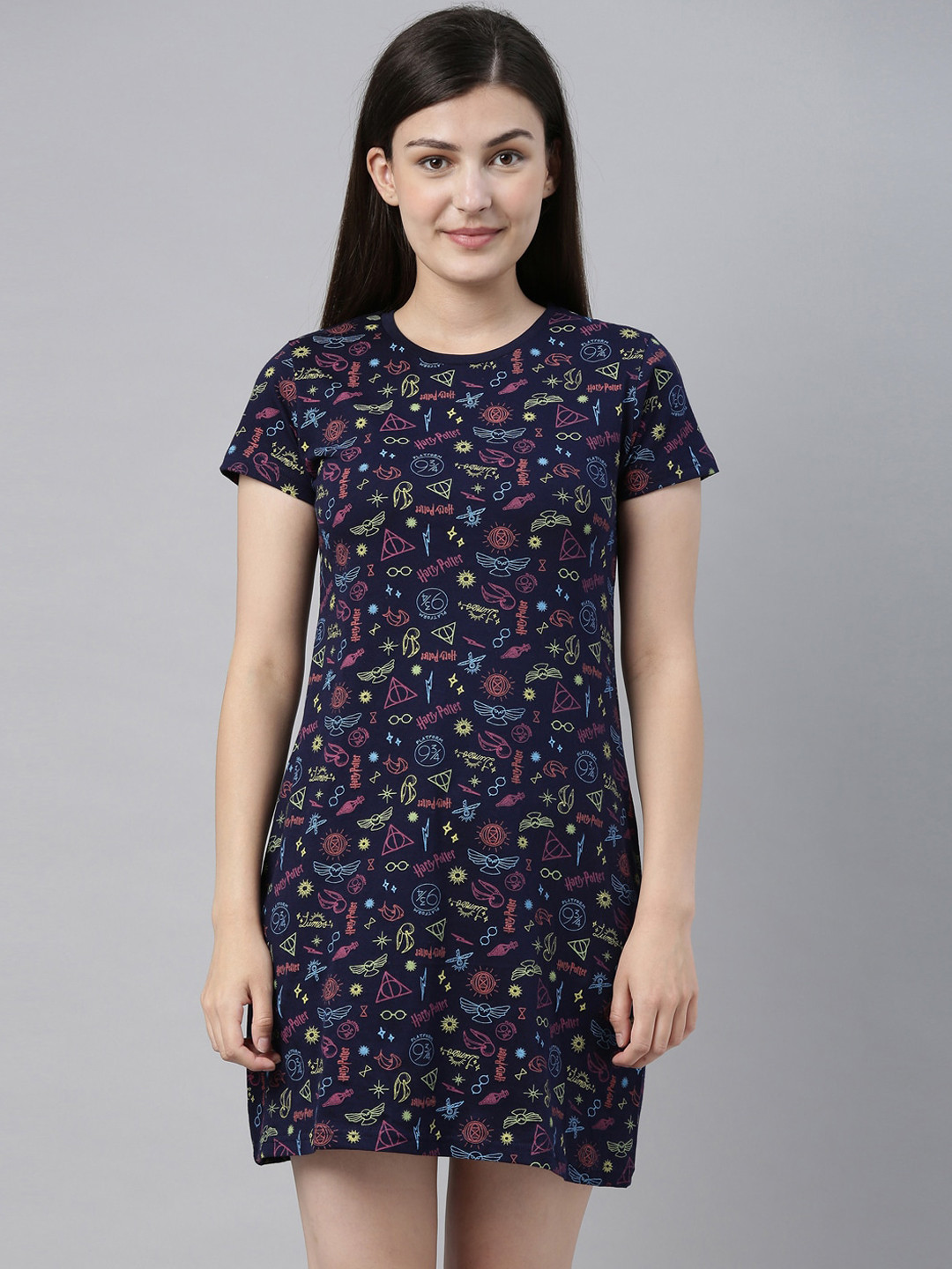 Snarky Gal Navy Blue Harry Potter Printed Cotton Nightdress