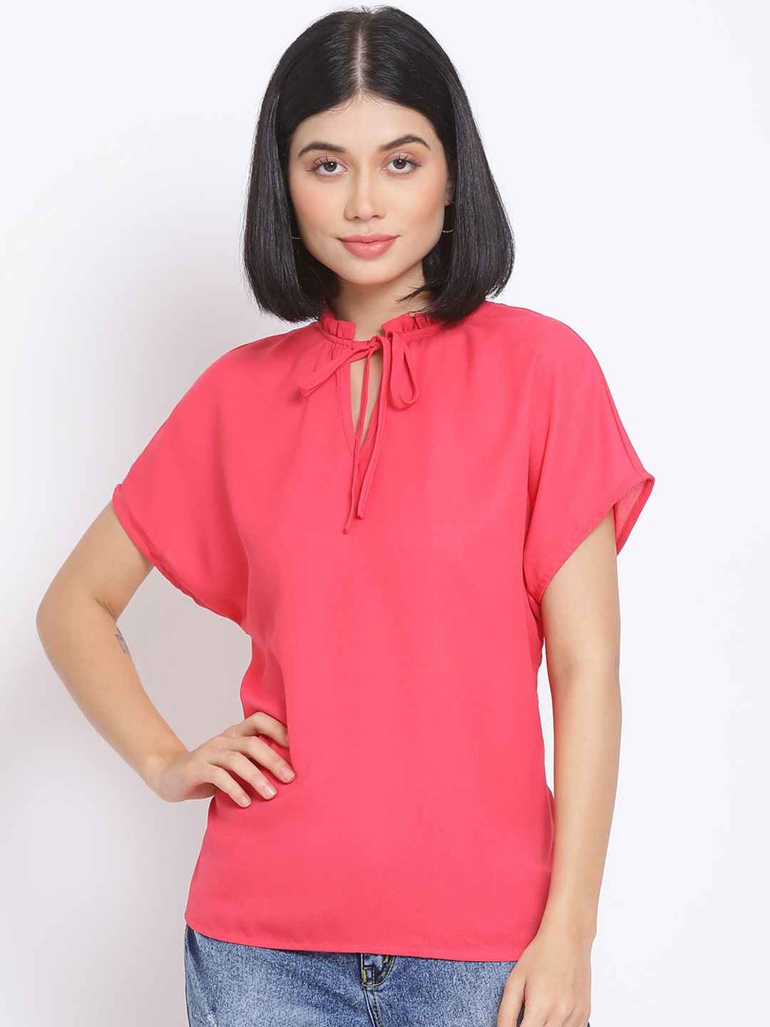 Oxolloxo Pink Tie-up Neck Regular Top