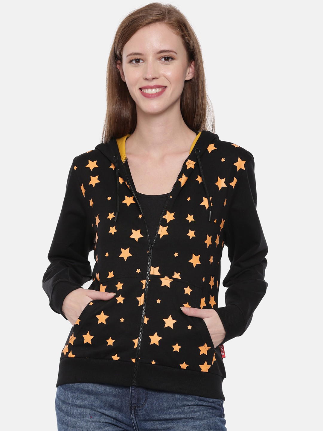 3PIN Women Black Printed Hooded Sweatshirt