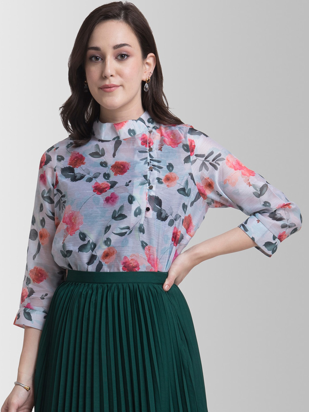 FABLE STREET Blue Floral Printed Pure Cotton Regular Top