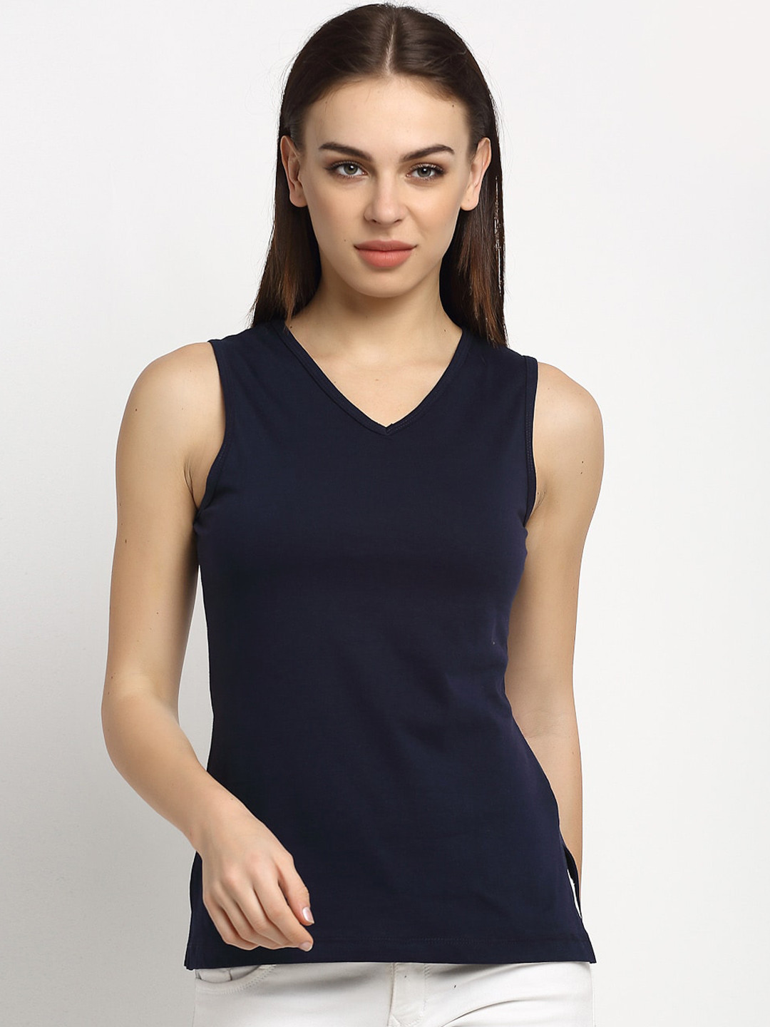 Rute Women Navy Blue Solid V-Neck T-shirt