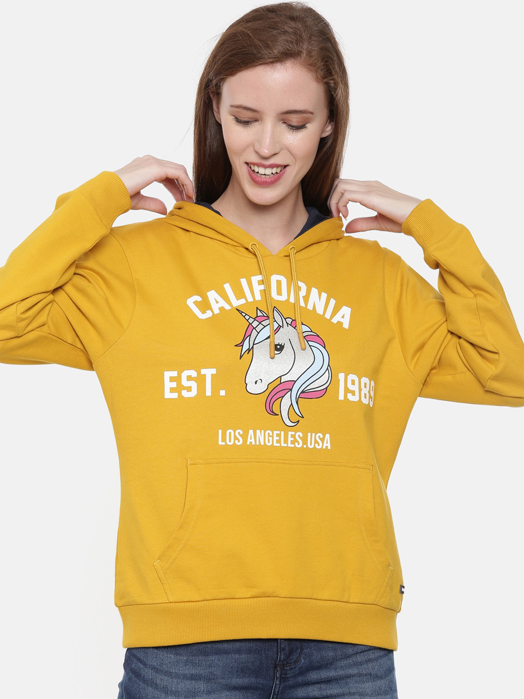 3PIN Women Mustard Yellow Printed Hooded Sweatshirt