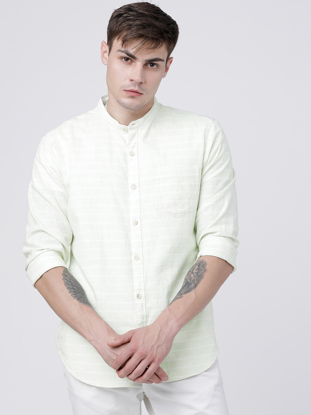 HIGHLANDER Men Green & White Slim Fit Solid Casual Shirt