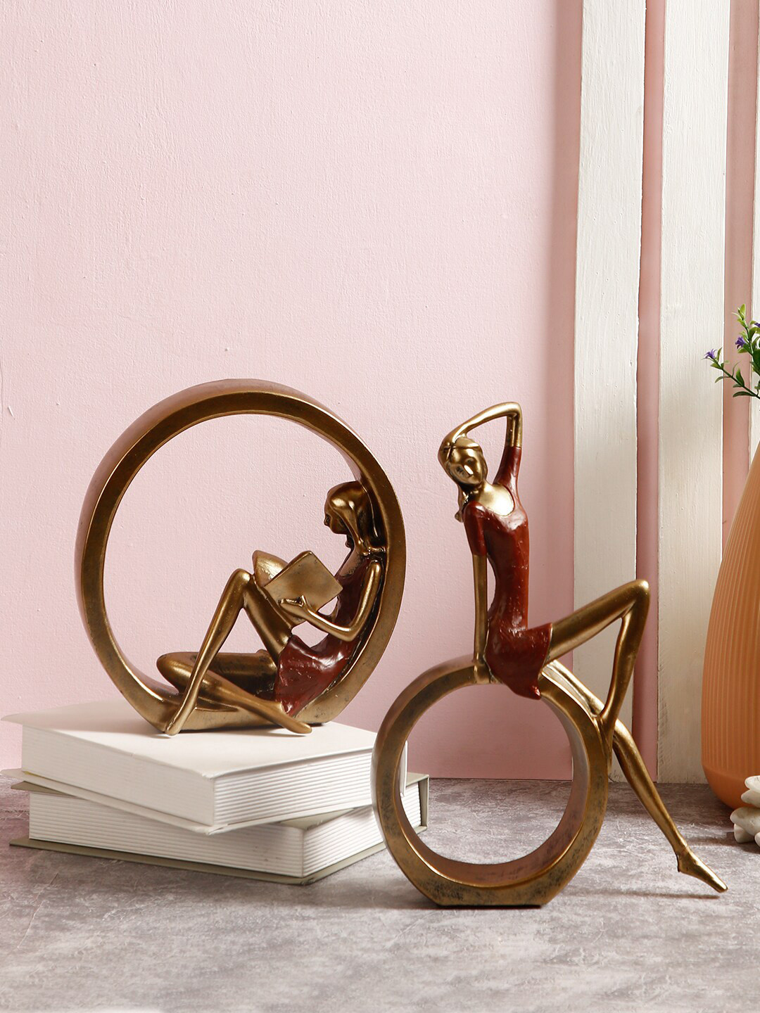 TAYHAA Enchanting and Adept Women Copper Polyresin Natural Living Room Set of 2 Medium Showpieces - 11.6 Inches