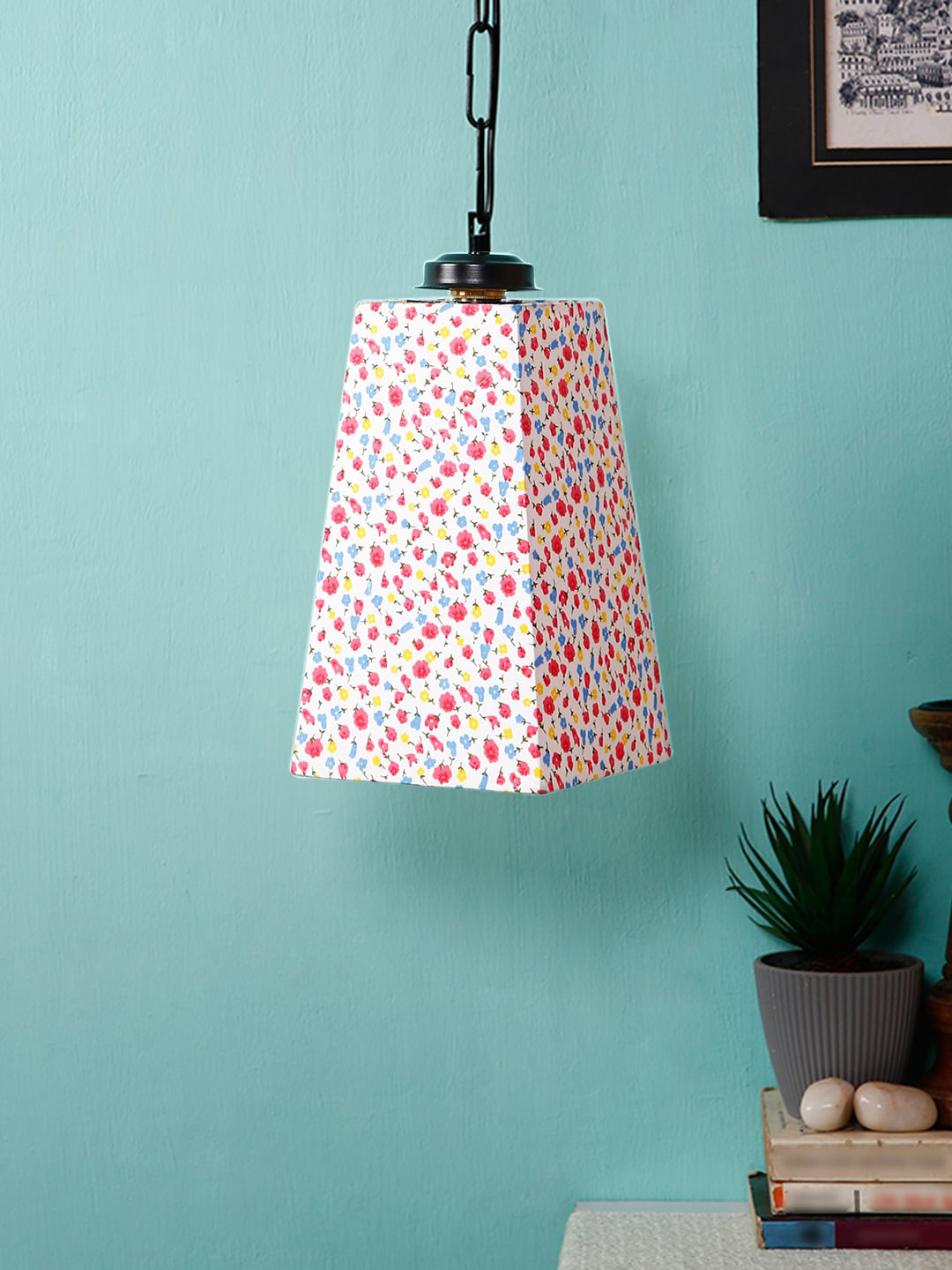 Devansh White & Pink Printed Pyramid Hanging Light