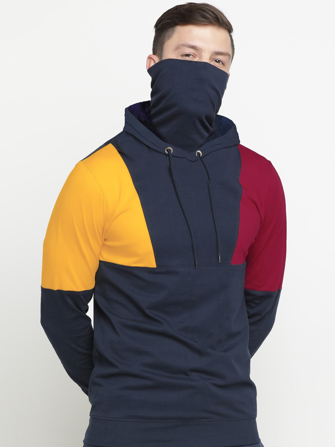 Maniac Men Navy Blue & Yellow Colourblocked Hooded Cotton T-shirt