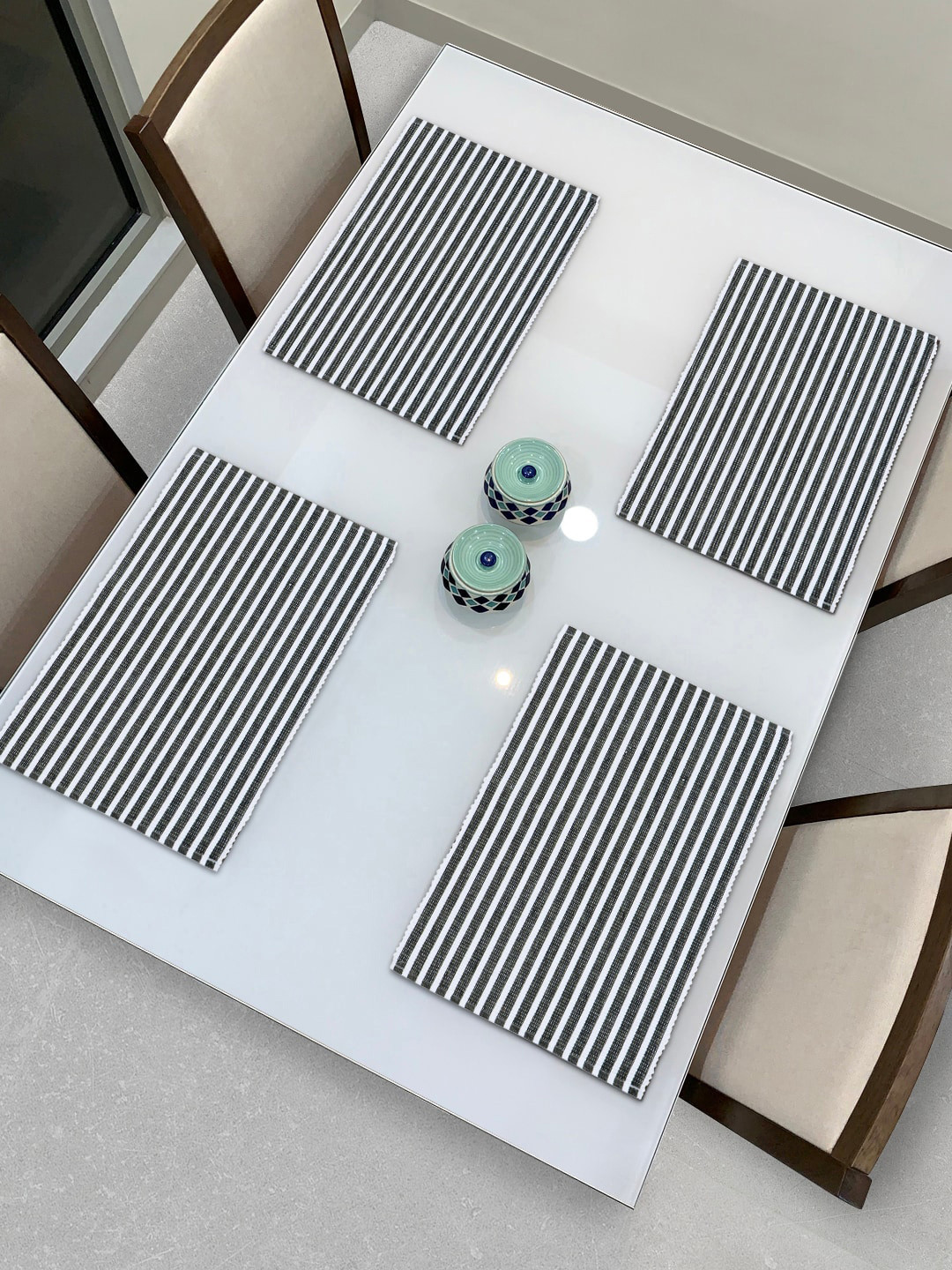 HOKIPO Set of 4 Charcoal Grey & White Striped Table Mats