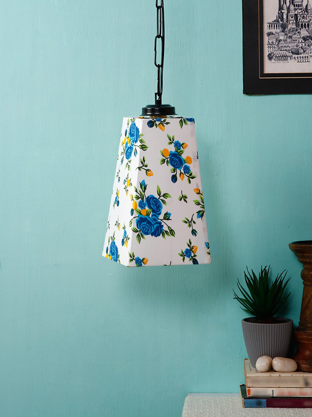 Devansh White & Blue Printed Traditional Hanging Light