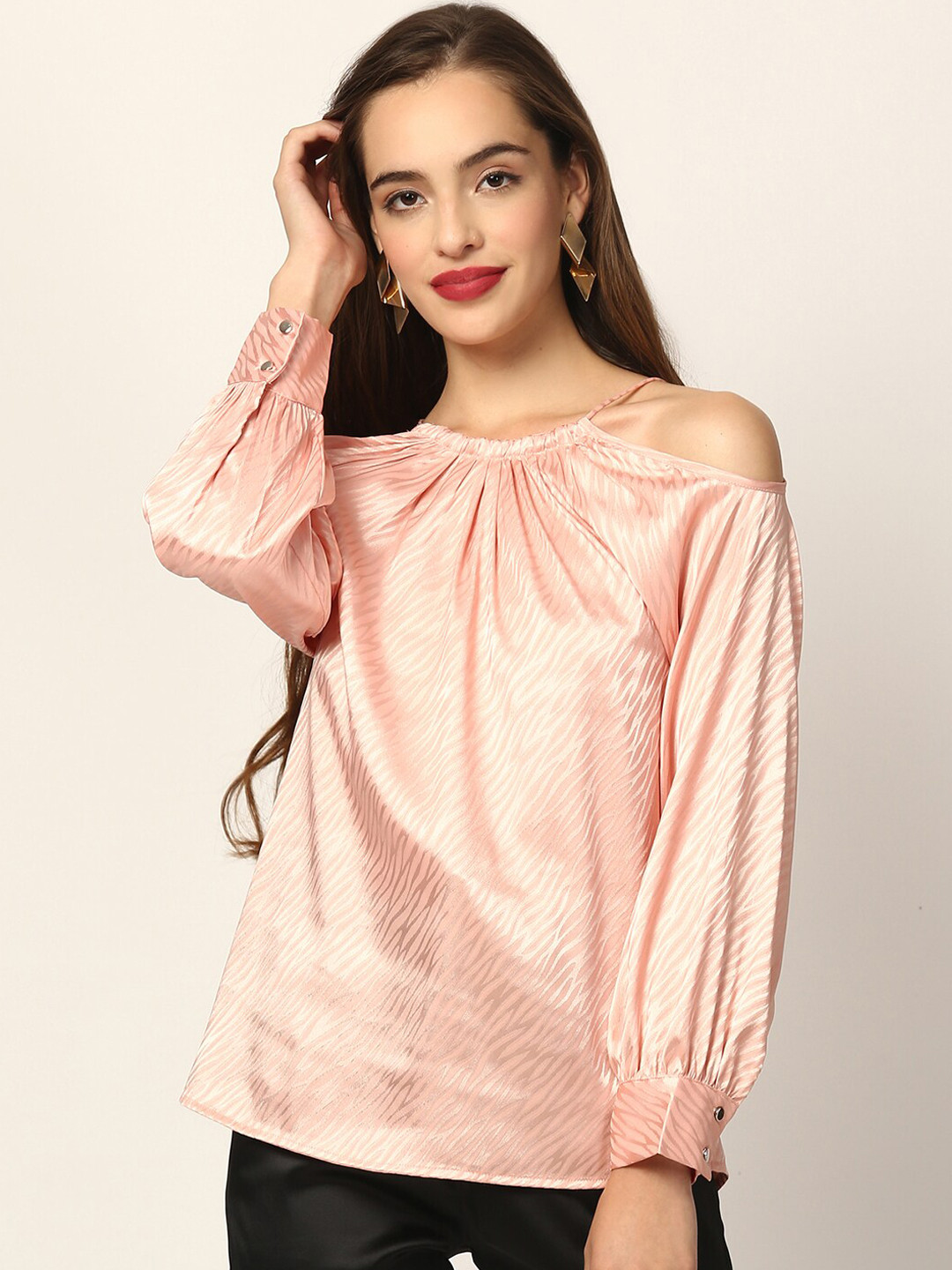 Zoella Peach-coloured Halter Neck Cold-shoulder Sleeves Regular Top