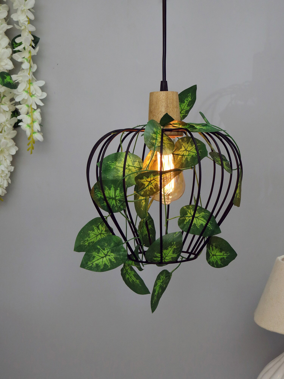Homesake Black & Green Solid Contemporary Hanging Lamp With Leafy Vine