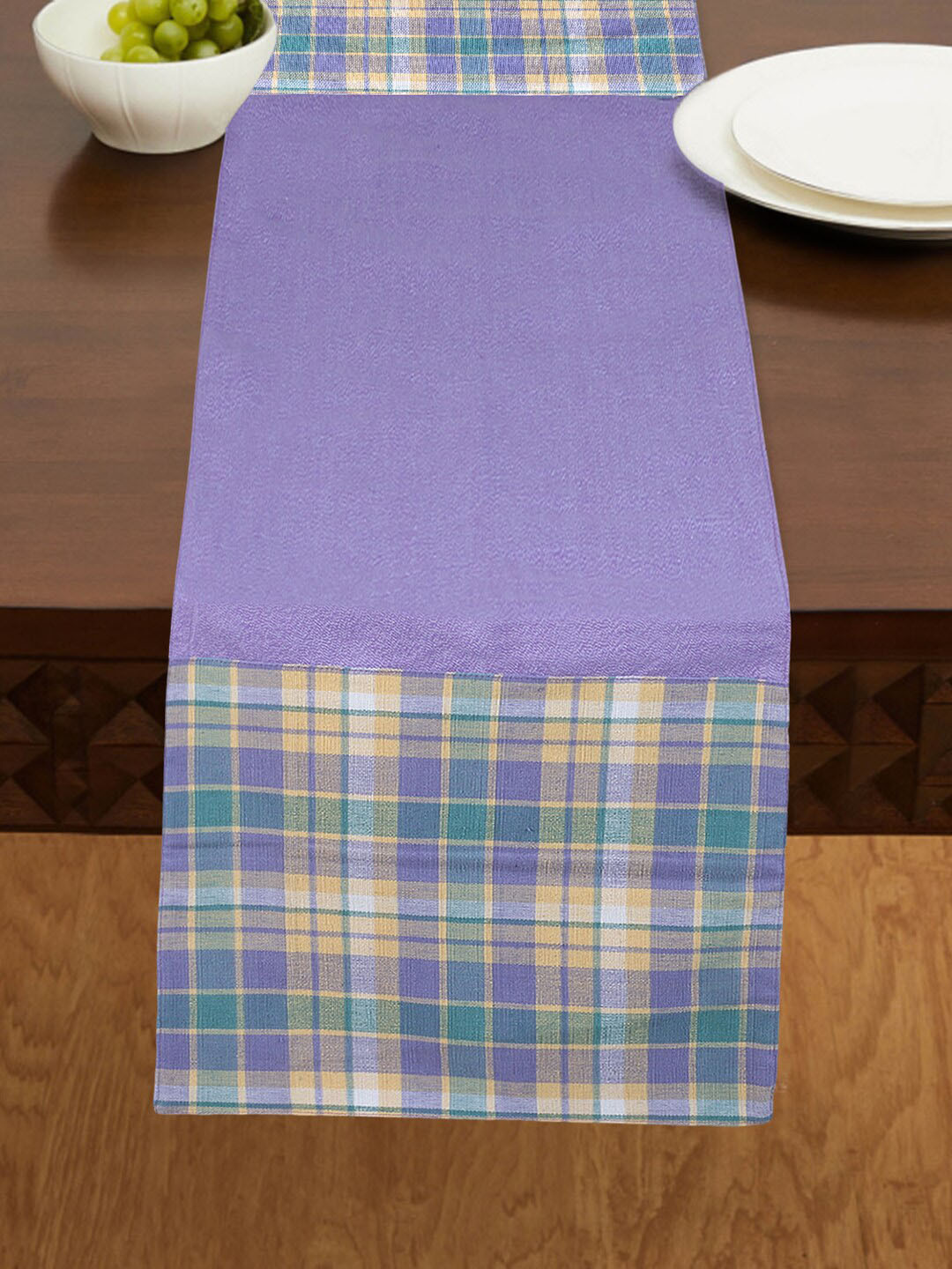 Mezposh Purple & Yellow Checked 6 Seater Table Runner with Textures
