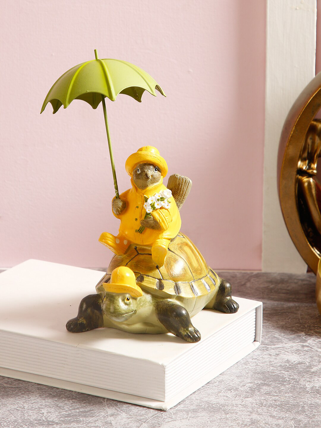 TAYHAA Playful Bird and Turtle Yellow Polyresin Matte Living Room Small Showpiece - 7.9 Inches