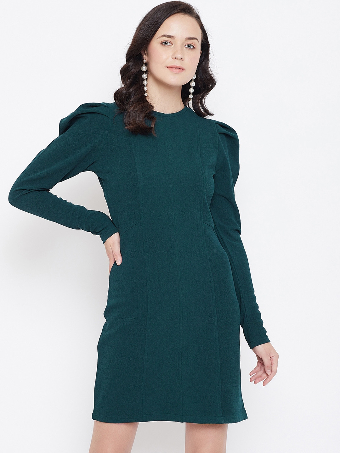 Zastraa Women Green Solid Knee Length Sheath Dress
