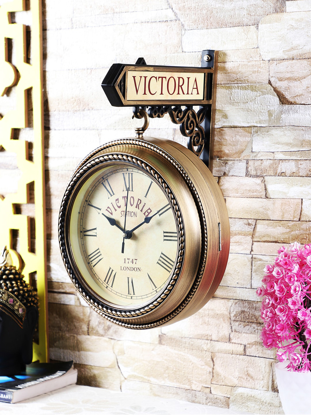 EXIM DECOR Copper-Toned Round Textured Analogue Wall Clock