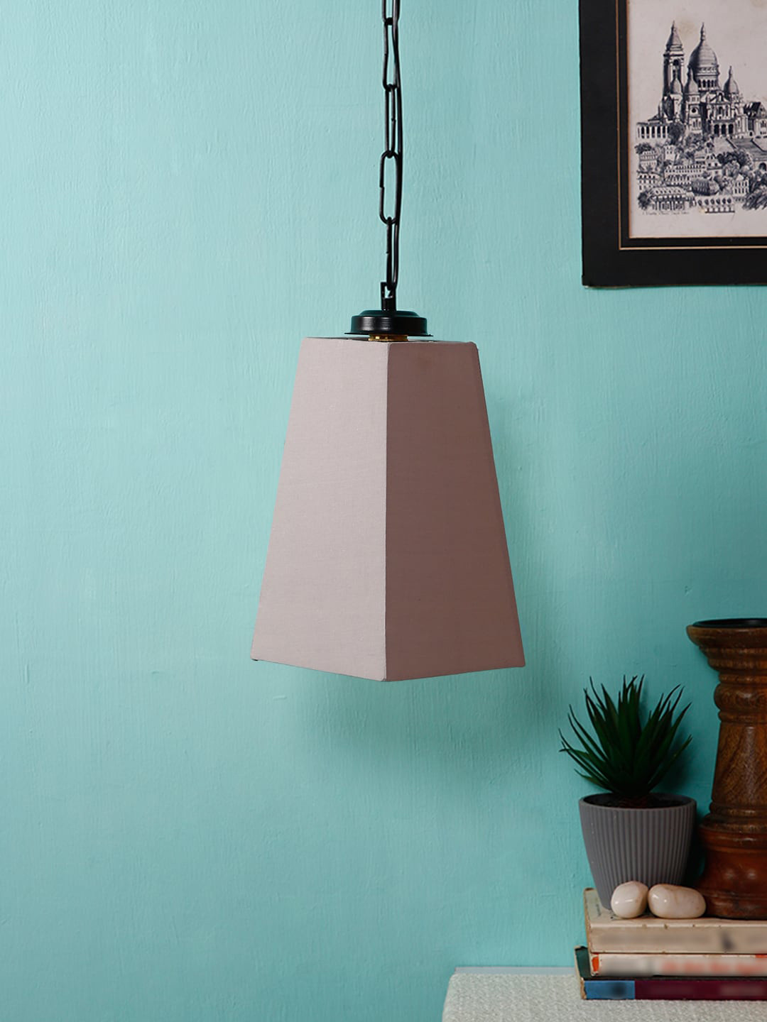 Devansh Grey & Black Solid Traditional Cotton Pyramid Hanging Light