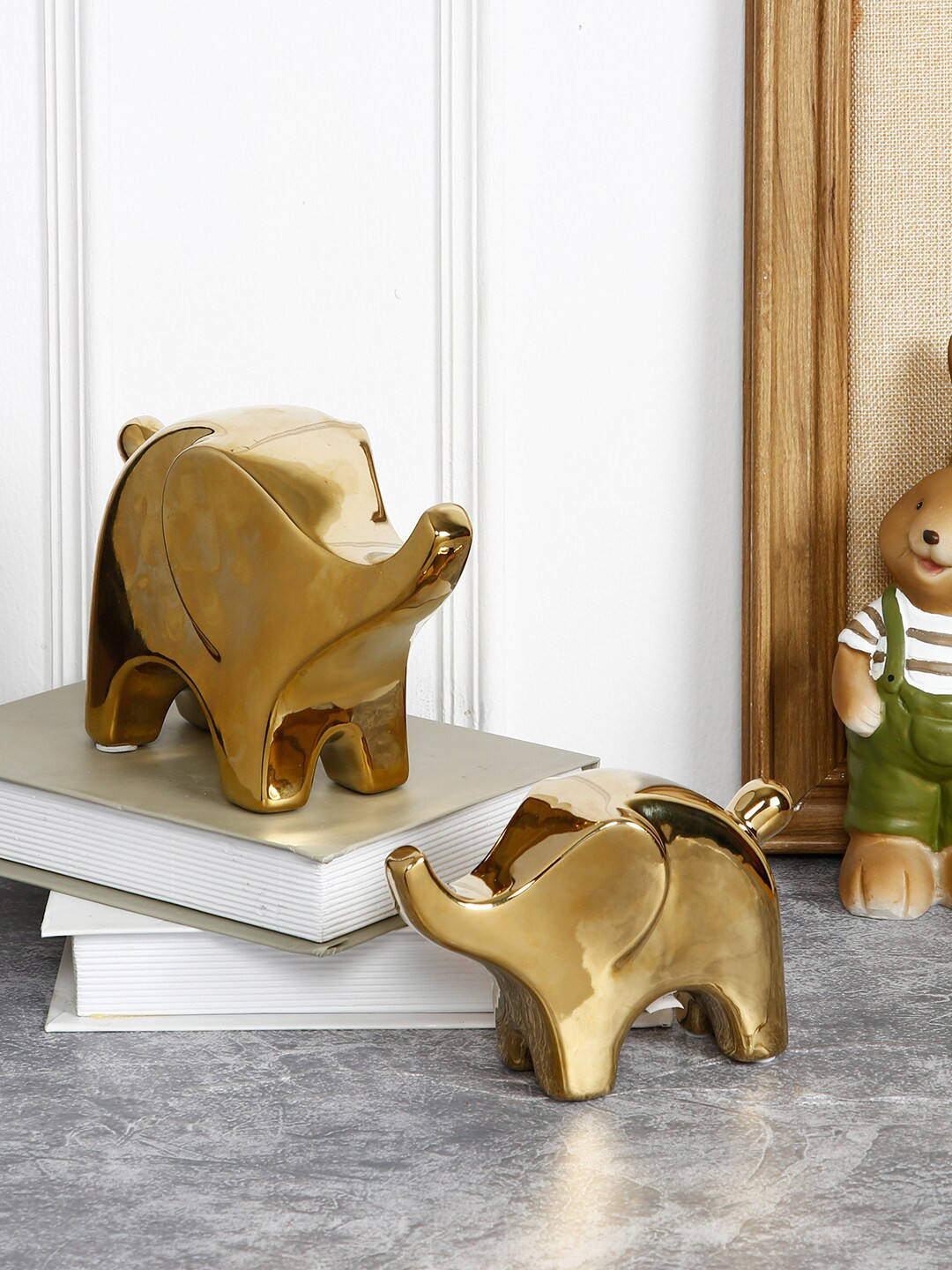 TAYHAA Pair of Elephant Gold Ceramic Glossy Living Room Set of 2 Small Showpieces - 5.1 Inches