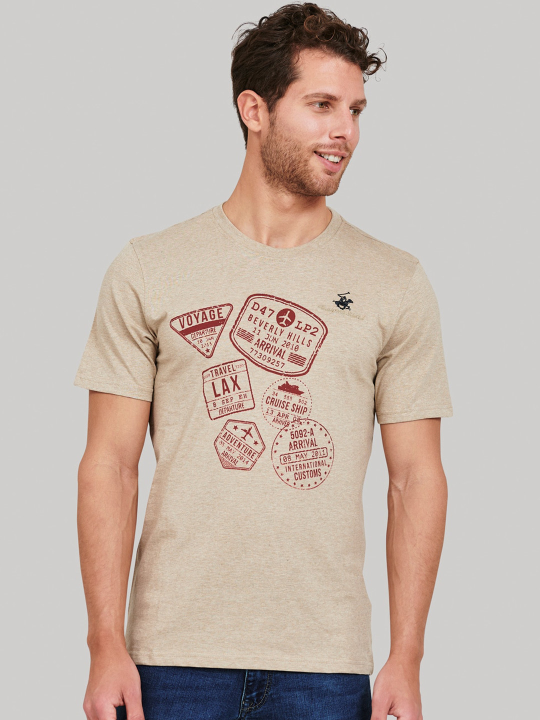 Beverly Hills Polo Club Men Brown Printed V-Neck T-shirt