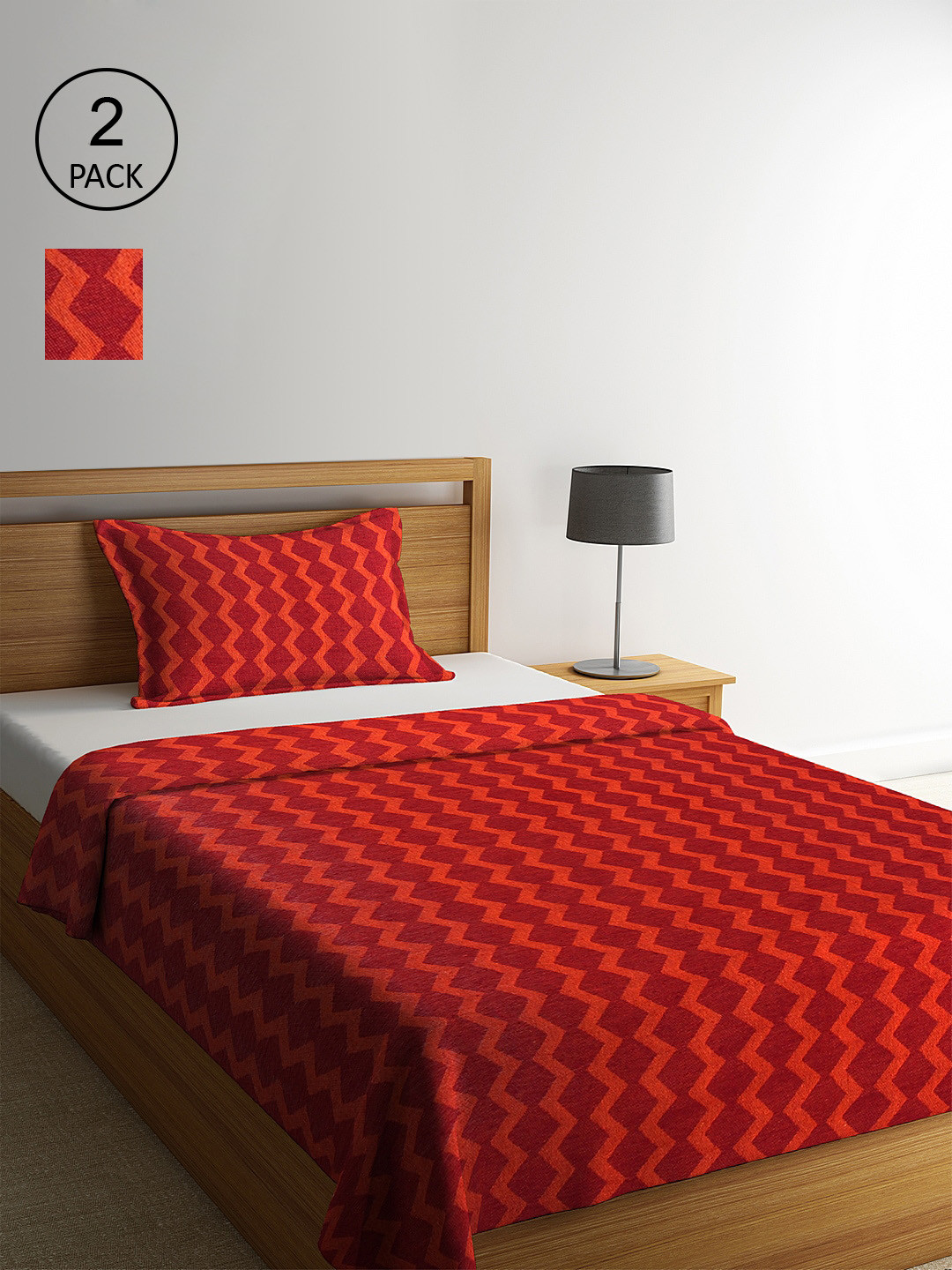 KLOTTHE Set Of 2 Red & Orange Geometric Single Bed Covers With 2 Pillow Covers