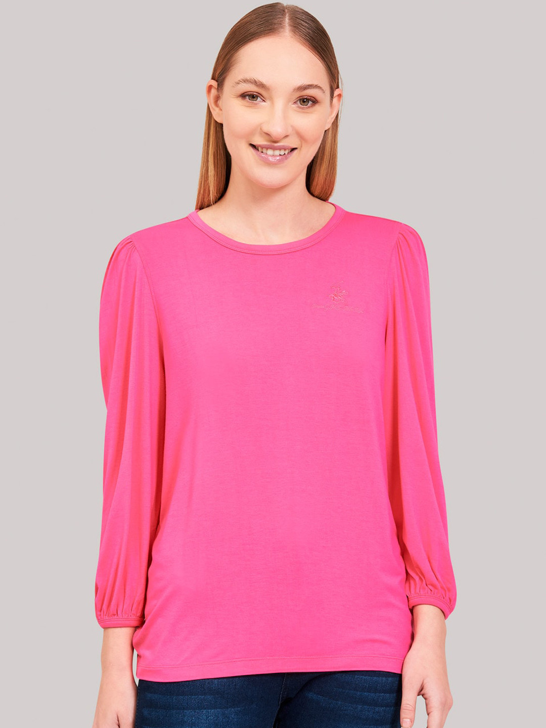 Beverly Hills Polo Club Women Pink Solid Round Neck T-shirt