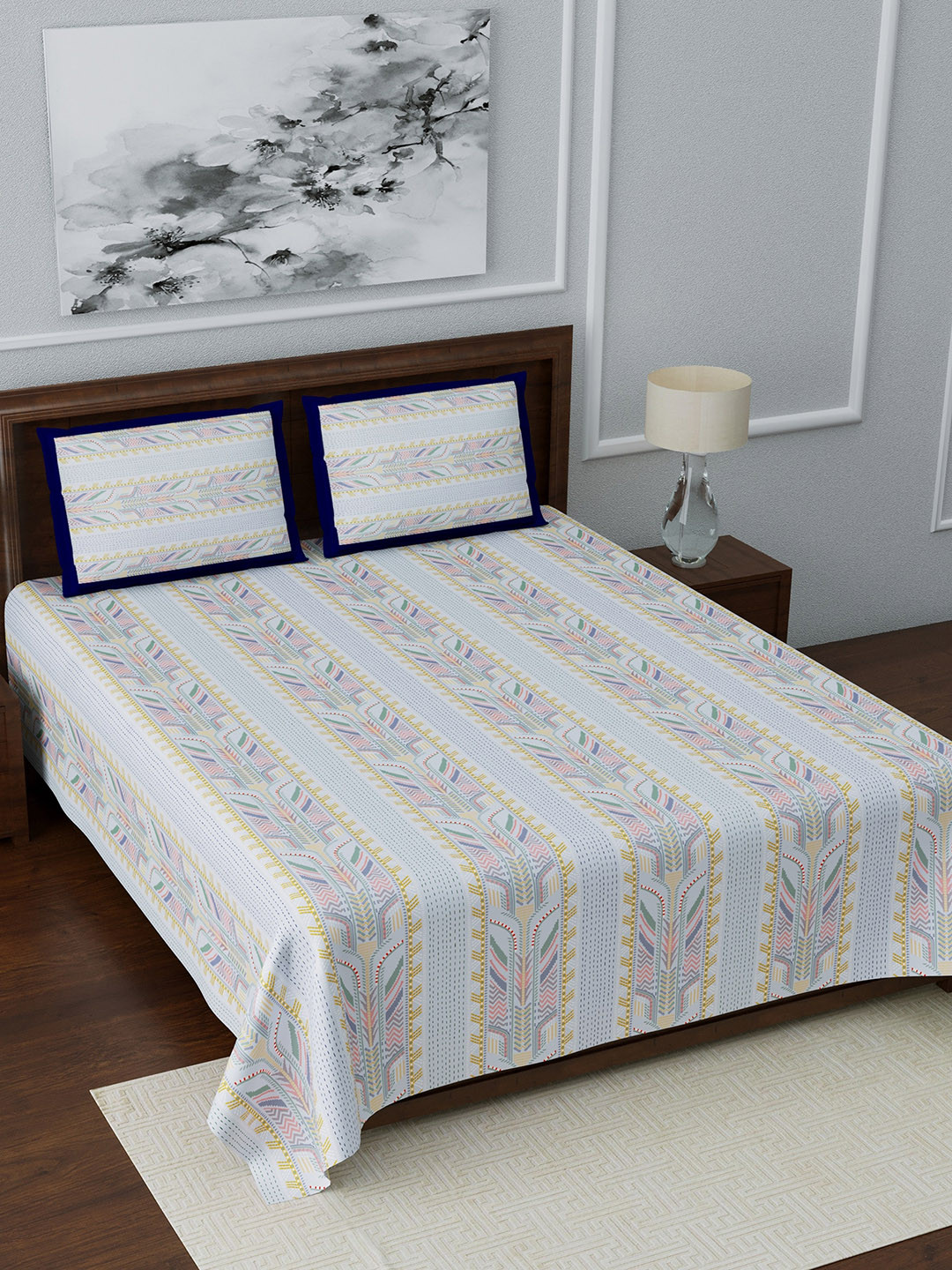 LIVING ROOTS Jaipur Rajasthani Blue Ethnic Motifs Cotton Breathable 210 TC Queen Fine Bedsheet with 2 Pillow Covers-243.33 x 85 inches