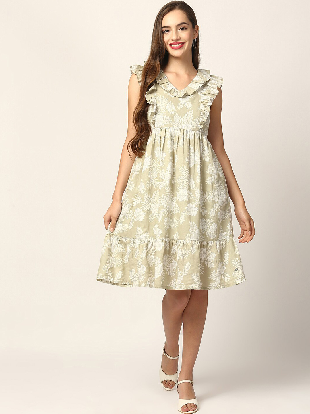 ELLE Women Pastel Green Floral Print Fit and Flare Dress