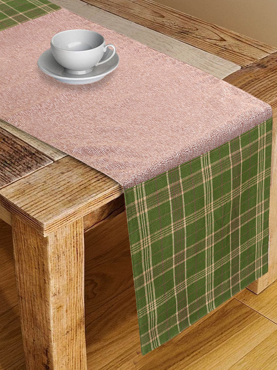 Mezposh Green & Brown Checked 6 Seater Table Runner