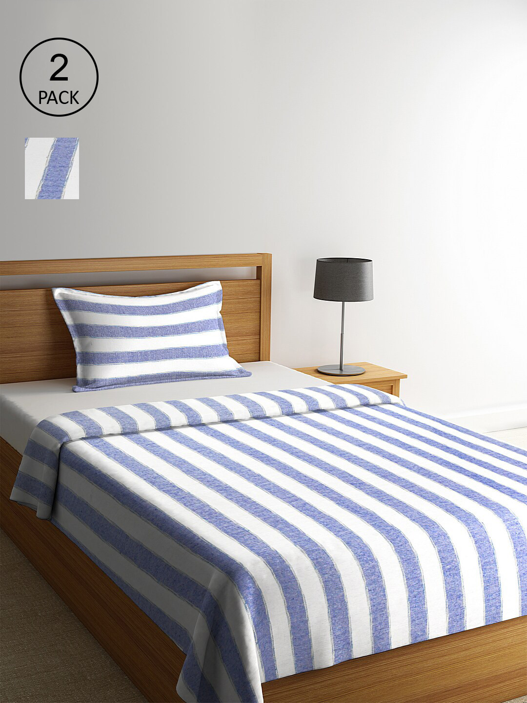 KLOTTHE Set Of 2 White & Blue Striped Single Bed Covers With 2 Pillow Covers