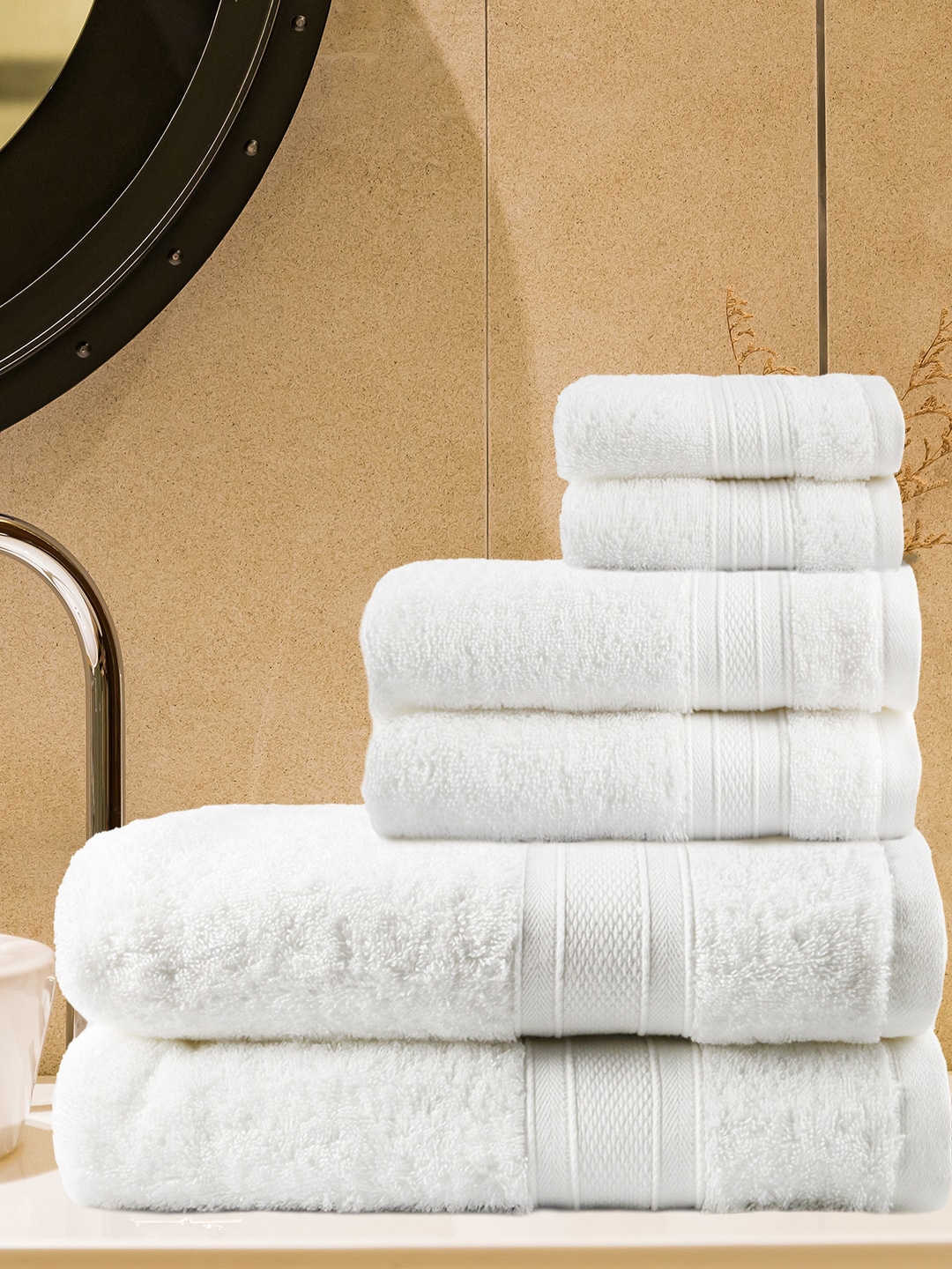 Trident Set Of 6 White Solid 500 GSM Soft   Plush Sustainable Towel Set