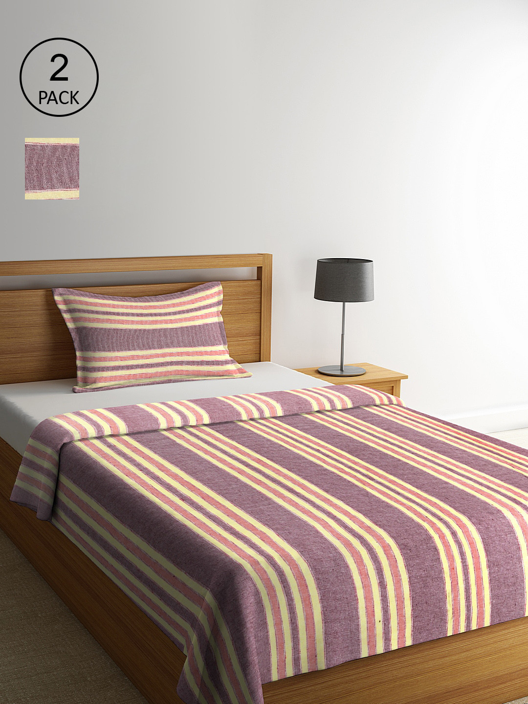 Klotthe Purple & Yellow Set of 2 Striped Single Bed Cover with 2 Pillow Covers