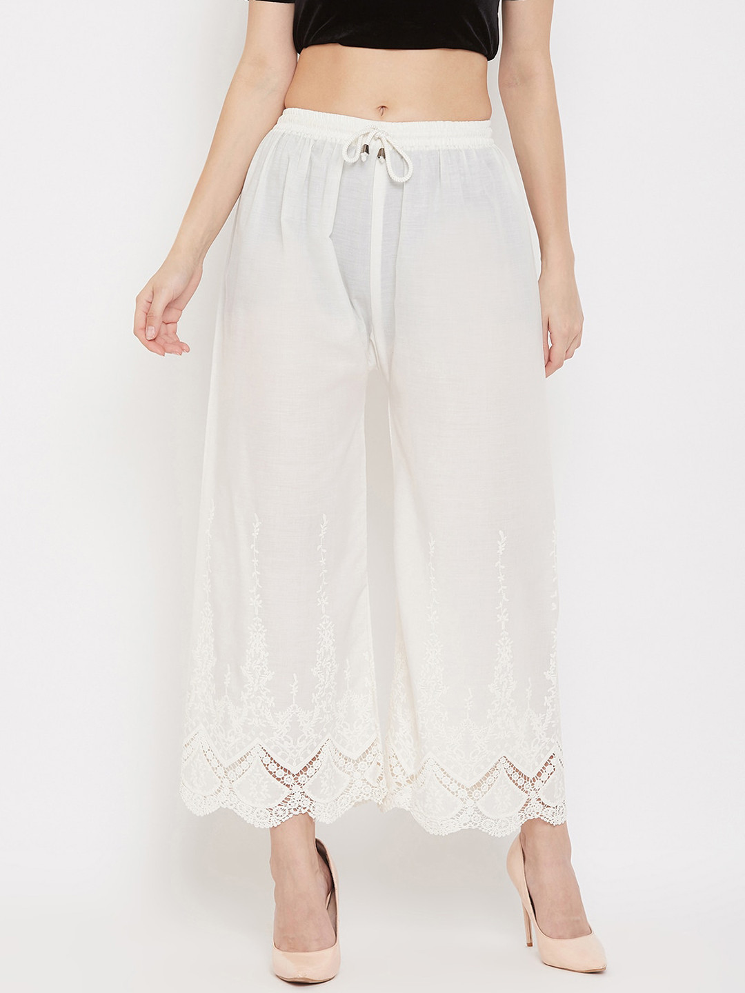 Clora Creation Women Cream-Coloured Hem Design Wide Leg Palazzos