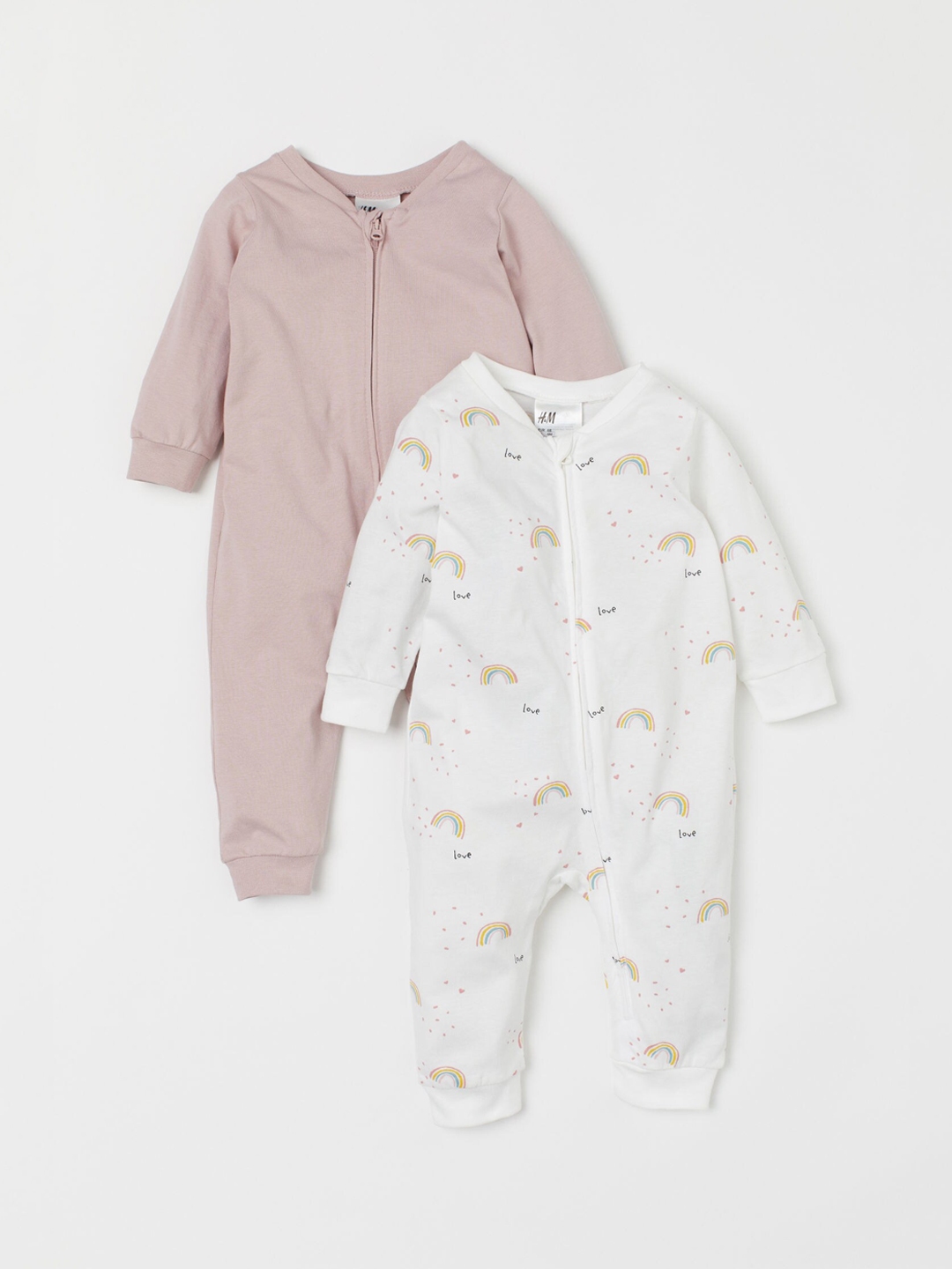 H M Kids White Pink 2 Pack Zip Up Pyjamas