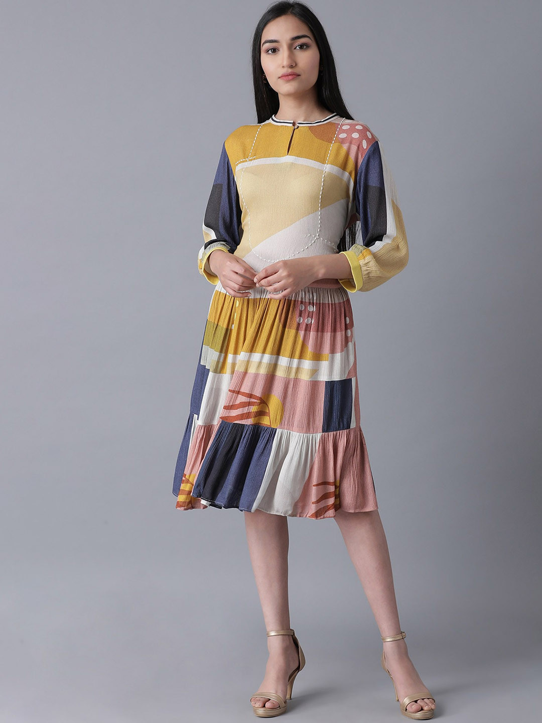 W Women Mustard Printed Viscose Rayon Fit & Flare Dress