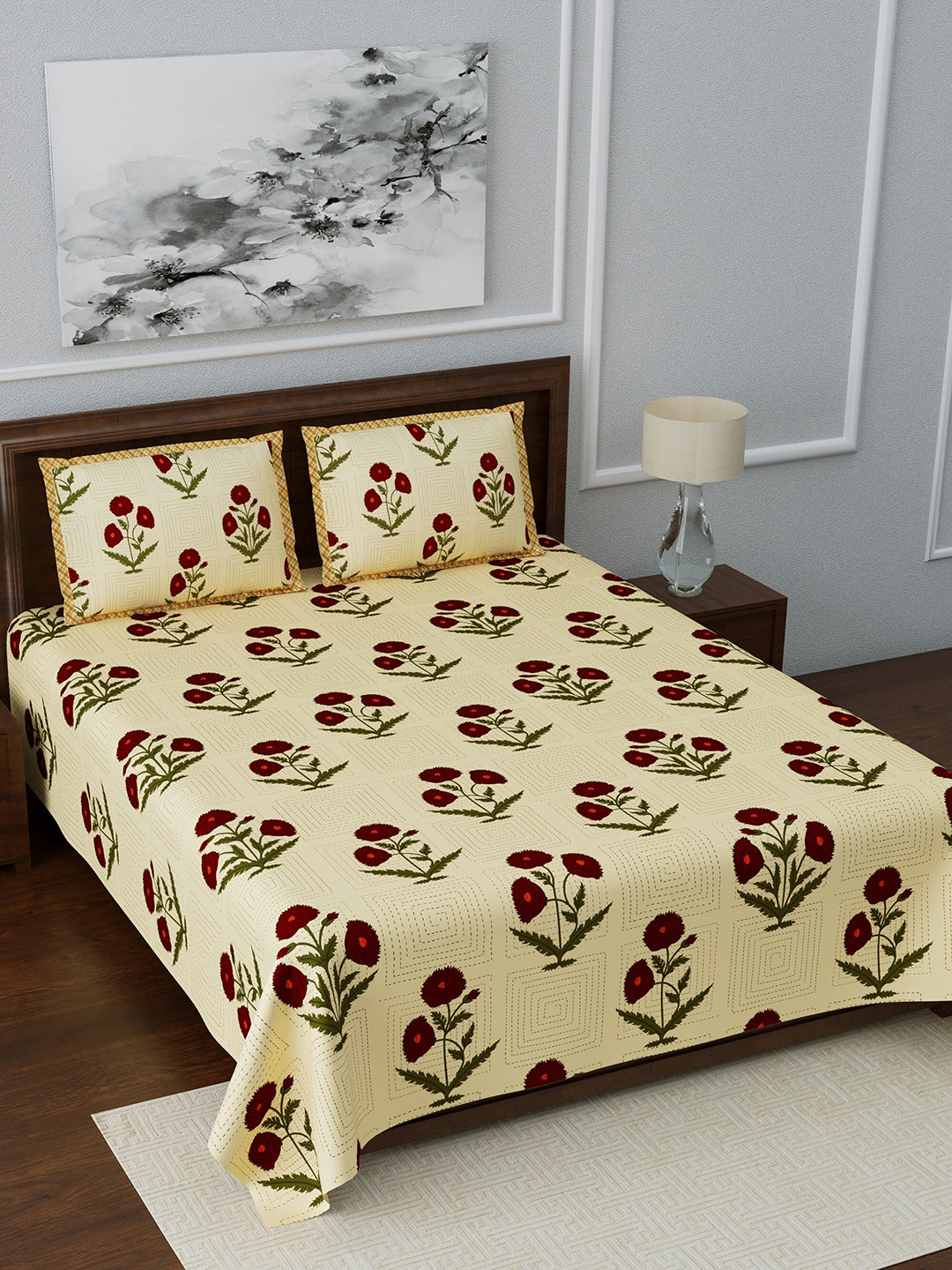 LIVING ROOTS Jaipuri Beige Floral Pure Cotton Breathable 210 TC Queen Fine Bedsheet with 2 Pillow Covers-87 x 93 inches