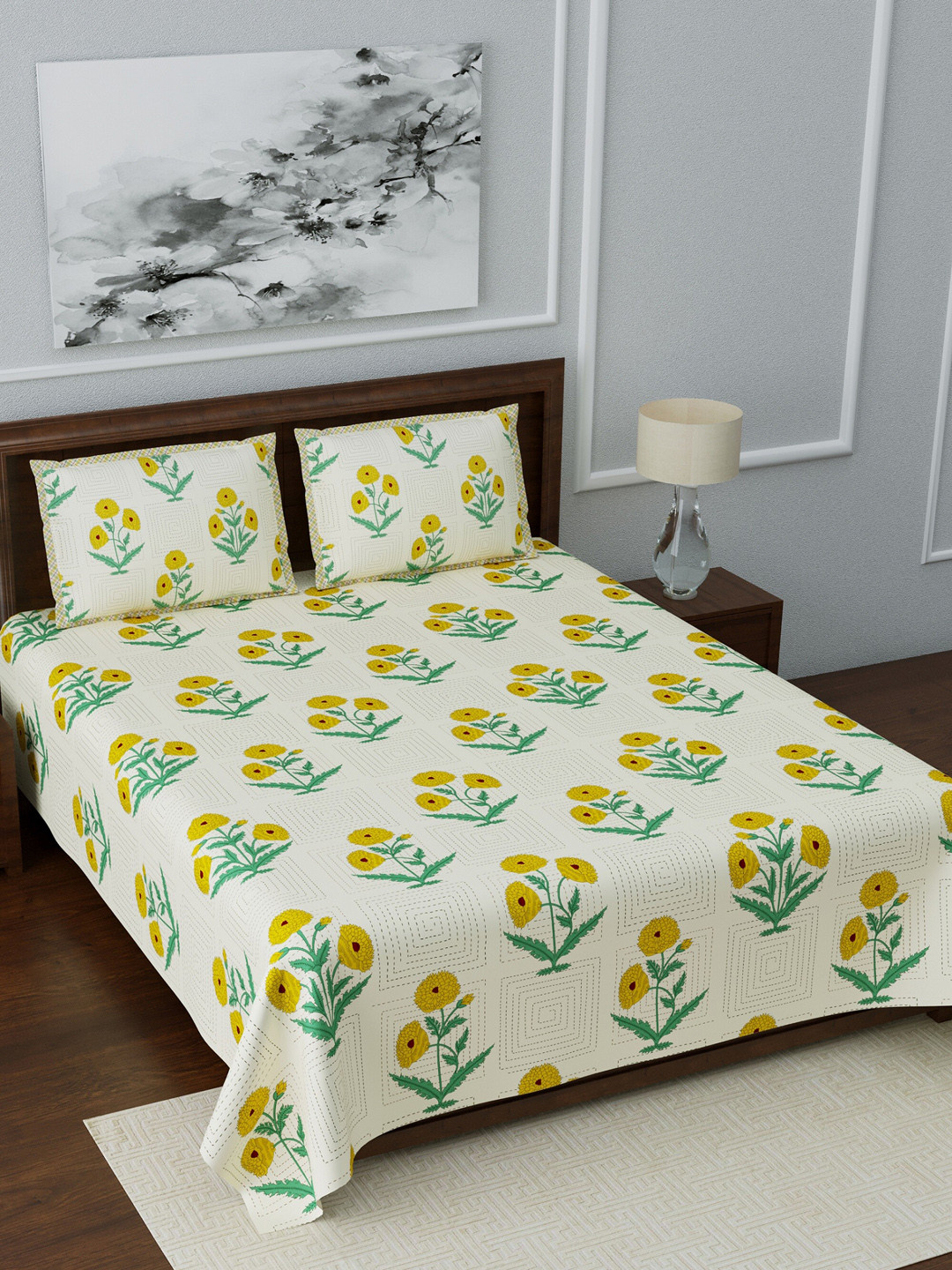 LIVING ROOTS Cream Floral Pure Cotton Breathable 210 TC Queen Fine Bedsheet with 2 Pillow Covers-96 x 85 inches